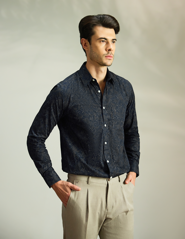 Summer Bloom Cotton Blend Navy Blue Shirt